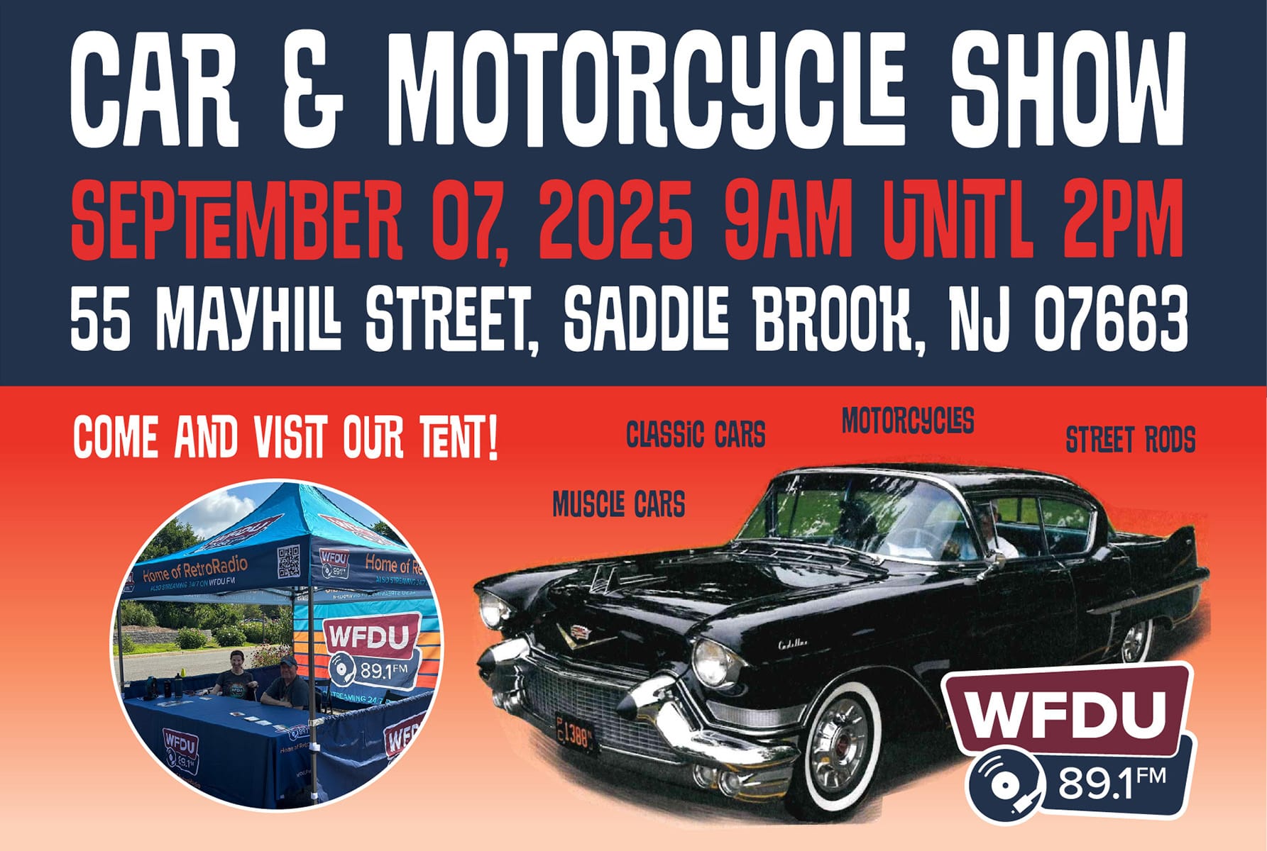 Join WFDU at the Car & Motorcyle Show in Saddle Brook on 9/7/25